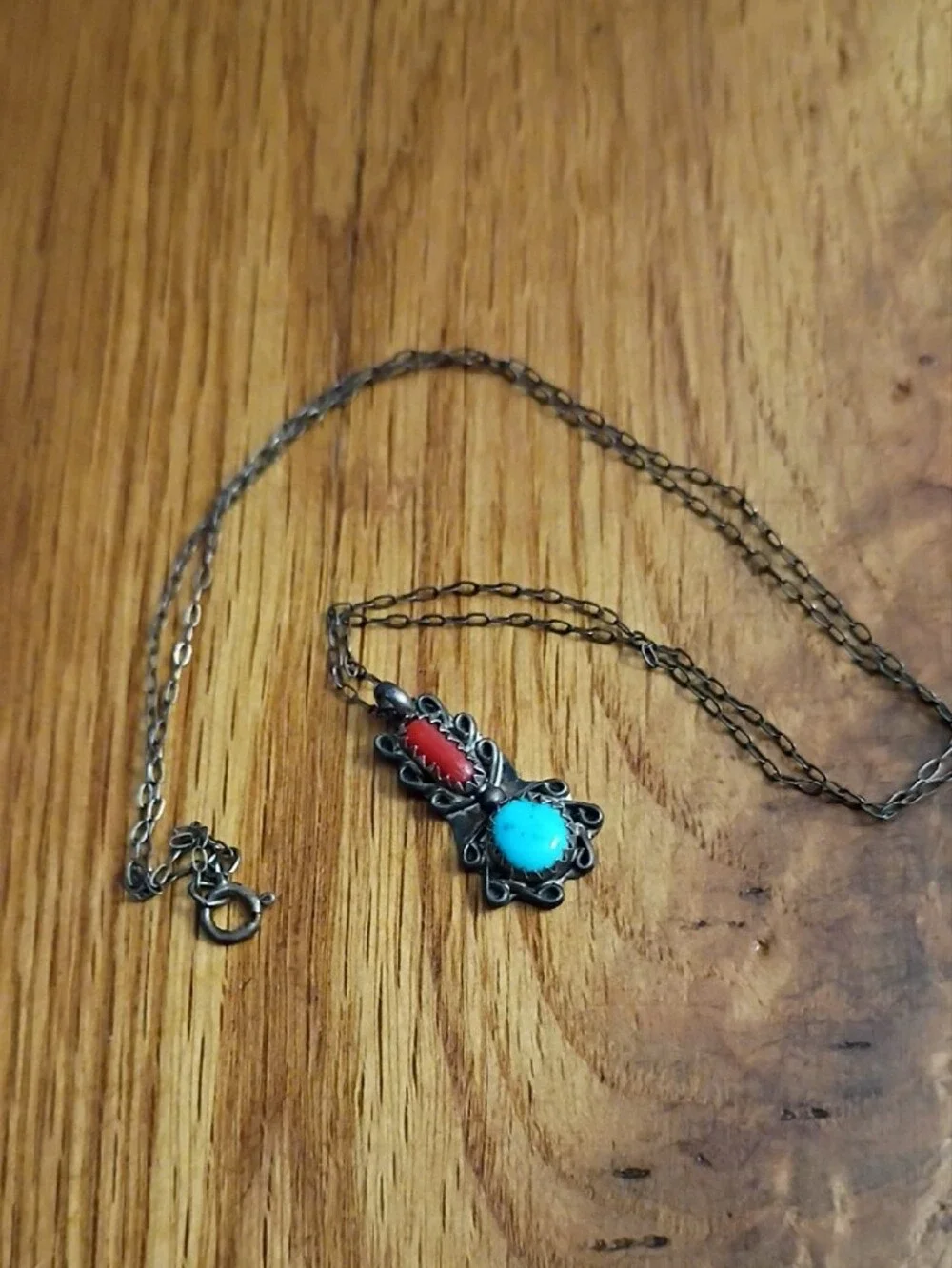 Vintage Native American Blue Turquoise & Coral Pendant Necklace – Womens Jewelry